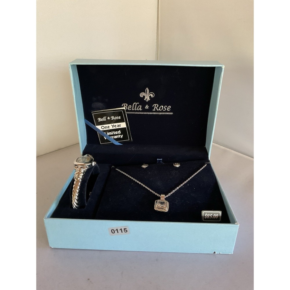 Bella&Rose 3 Piece Set Watch Necklace And Earrings Silver Tone